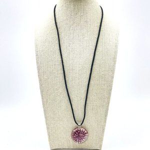 3D Purple Flower Pendant Necklace Black Cord Glass Nature Garden Trees Floral